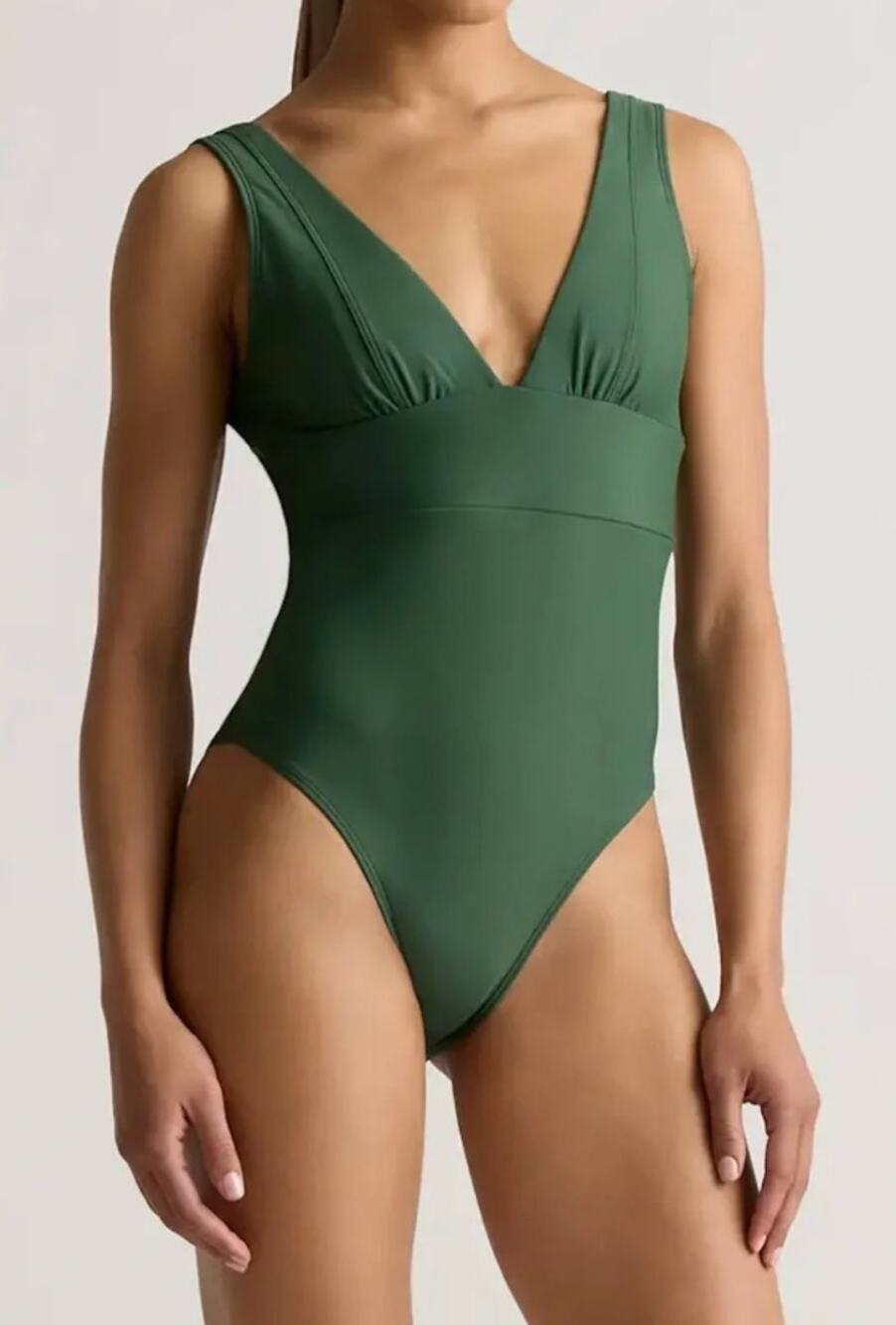 NEW Quince Italian Plunge One Piece Swimsuit Bathingsuit Palm Green V Neck Wom M